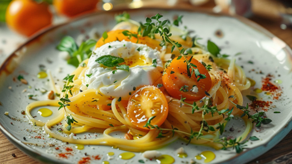 Pasta con datterino giallo della Piana del Sele e burrata - Pasta con datterino giallo della piana del Sele e burrata