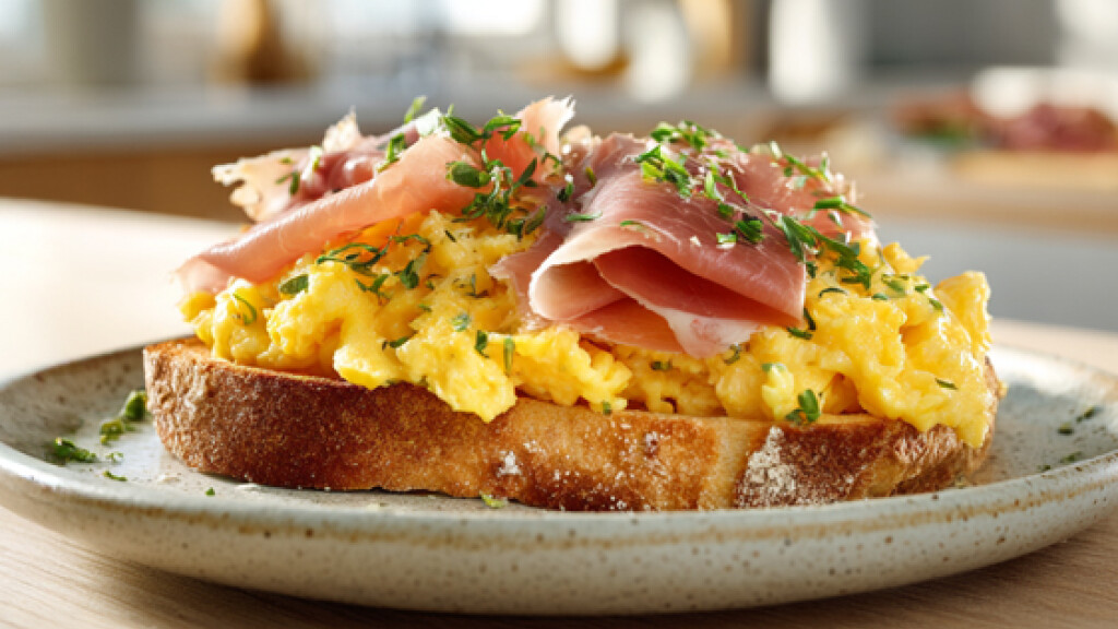French toast proteico con prosciutto crudo e uova strapazzate - toast-uova-prosciutto-erbette