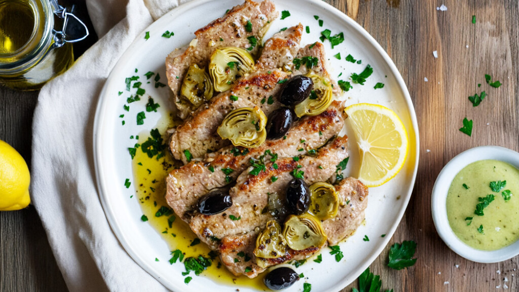 Vitello con carciofini, olive e senape - fettine-vitello-con-carciofini-olive-nere-crema-di-carciofi-senape