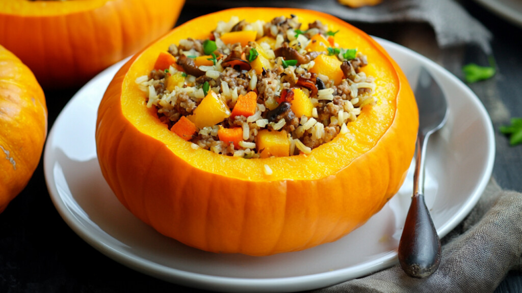 Zucca ripiena con riso, verdure e carne - zucca-ripiena-al-forno-con-riso-verdure-carne-macinata