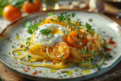 Pasta con datterino giallo della Piana del Sele e burrata