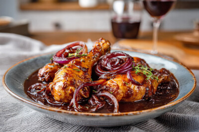 Fusi di pollo al vino rosso e cipolle caramellate - pollo-cipolla-agrodolce