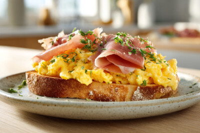 French toast proteico con prosciutto crudo e uova strapazzate - toast-uova-prosciutto-erbette