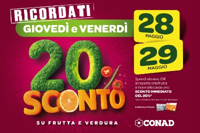 Da Conad, il 28 e 29 maggio il 20% di sconto su Frutta Fresca e Verdura