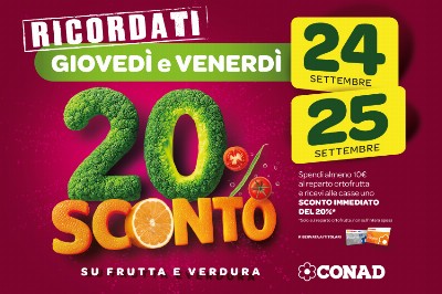 Da Conad, il 24 e 25 settembre il 20% di sconto su Frutta Fresca e Verdura